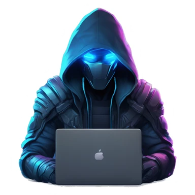 developer behind his laptop with this style : crysis Cyberpunk Riot Games Valorant neon glowing bright blue character blue black hooded assassin themed character sticker