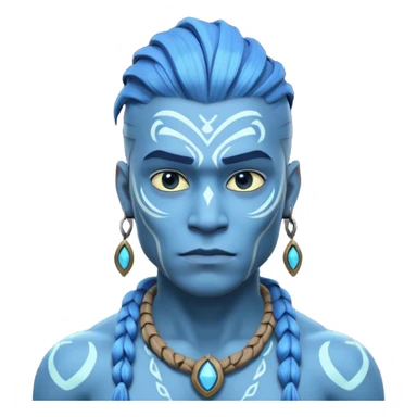 avatar-style Na’vi male portrait, head and shoulders only, blue skin, bioluminescent markings, strong face features, braided hair, tribal necklace, heroic expression, 3D cartoon, mobile game icon style, clean background, no text, no watermark
 sticker