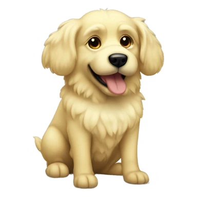 Fluffy light yellow dog with big dark black ears and nose sticker