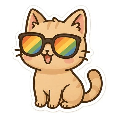 chibi sticker-style cat with rainbow sunglasses, pride, cute and exaggerated sticker