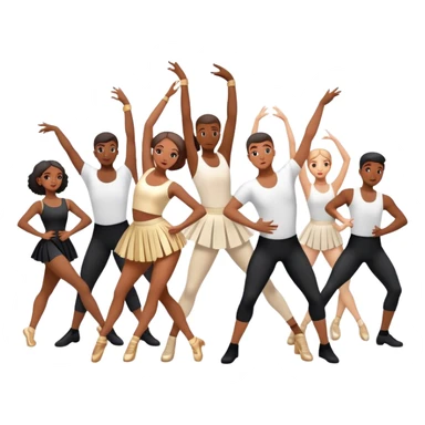 "Icon for Contemporary Dance: a synchronized guys and girls group performance on stage with backup dancers, bright stage lighting, and stylish dance outfits. The icon should capture the energy, precision, and excitement of a modern group dance performance. Transparent background. sticker
