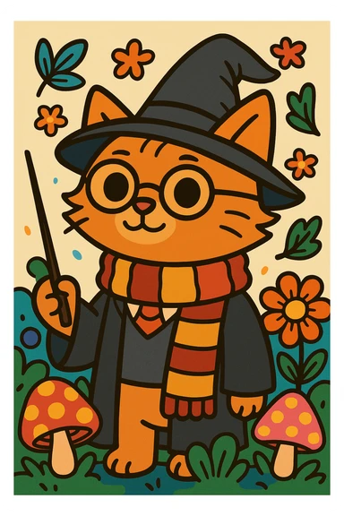 Place the cat in a colorful scene inspired by Bobbie Goods style, with vibrant and playful elements, while maintaining the flat toon cartoon visual style. sticker