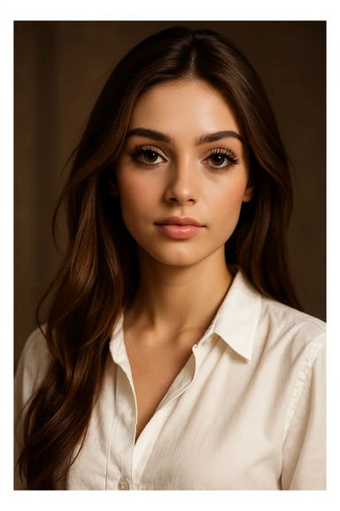 stylish girl, long brown hair, white blouse, long lashes, beautiful, portrait, detailed, beautiful lighting sticker