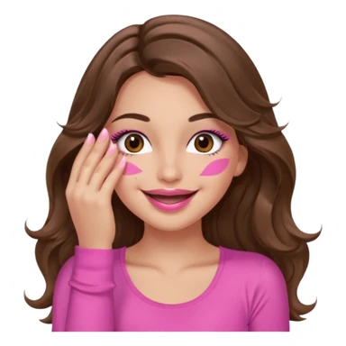 girl with long wavy brown hair, brown eyes, long lashes, sexy pink lips, light to medium complexion, wearing a pink sexy top, smiling, hands covering over the eyes sticker