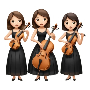 Create an imagine of three brunette women playing string instruments in black dresses, the first is playing a cello, the second is playing a viola and the third is playing the violin sticker