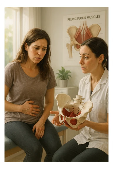 A realistic, cinematic illustration of a woman in her mid-30s with a thoughtful, slightly worried expression, sitting in a bright, modern physiotherapy clinic. She is wearing comfortable leggings and a loose top, with one hand resting gently on her lower abdomen, indicating discomfort. The scene shows a caring female pelvic floor physiotherapist explaining with a pelvis anatomical model, while the woman listens attentively but visibly concerned. In the background, soft natural light enters through the window, and an anatomical poster of pelvic floor muscles is visible on the wall. The environment is warm, clean, and reassuring, emphasizing the sensitivity of pelvic floor disorders while promoting trust and awareness in seeking help sticker