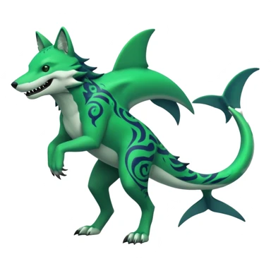 Edgy cool badass Neon-green landhai-sergal-wolf, with a shark tail, with black and dark-green swirly patterns markings sticker