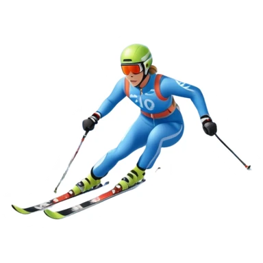 An icon featuring a skier racing down a snow-covered slope, surrounded by snowy peaks, pine trees, and a picturesque mountain landscape. The sky is blue with soft clouds, capturing the thrill and beauty of alpine skiing. Transparent background highlights the excitement and serenity of winter sports. sticker