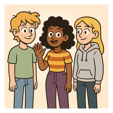 A boy dark yellow hair light green t-shirt white lightfo blue jeans girl brown skin black hair hairstyle curly hair yellow orange stripes top purple trousers girl yellow hair light grey hoodie dark blue jeans a hand hello  sticker