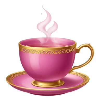 dark pink teacup, placed on a matching pink saucer, with gentle steam rising from the cup, golden details sticker
