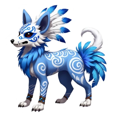 Furry cute colorful exotic tribal feral anime-styled Fakémon-Pokémon-animal-creature with a skull mask, and blue feathers around neck, and blue feathers, with long furry ears, long furry tail, 4 legs, (full body), with intricate pattern-markings, skulldog, sparkledog, fursona, skullwolf  sticker