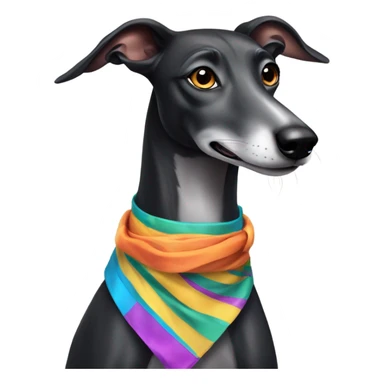 Black greyhound with sash and a number sticker