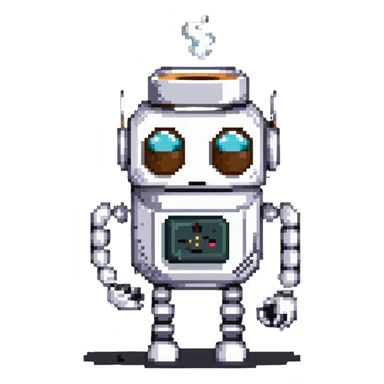 A sleepy robot with droopy eyes holding a coffee mug, looking exhausted sticker