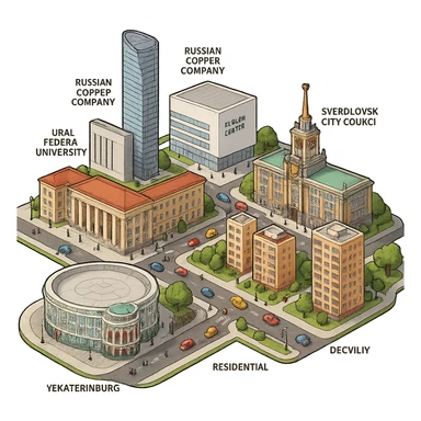 Изометричная миниатюрная фотореалистичная 3D модель Екатеринбурга - Дом Севастьянова, Ельцин-центр, Уральский федеральный университет, дома, Екатеринбург Арена, Штаб-квартира Русской медной компании, Здание Свердловского городского совета народных депутатов, четкие линии, яркие цвета, мультяшный реализм, люди, автотранспорт, компактная композиция, вид сверху в изометрии, прозрачный фон sticker