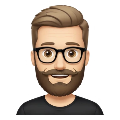 Caucasian man with complete beard, short hair styled up, large black eyeglasses, cheerful expression, black athletic shirt sticker