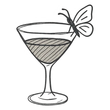 cocktail glass with burgundy drink and a butterfly perched on the rim, hand drawn style sticker