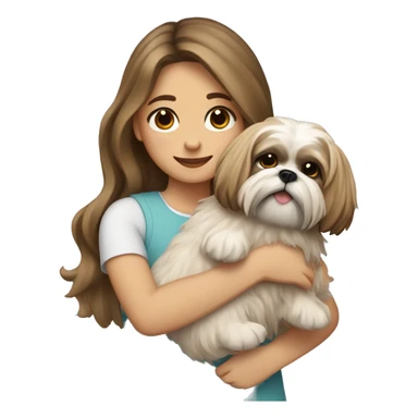 a girl with long, wavy brunette hair hugging a Shih Tzu with blonde fur and a cute bow sticker