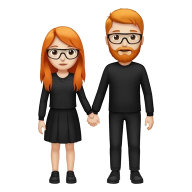 girl with long orange hair wearing no glasses and all black clothes and holding hands with boy with dark hair and beard and glasses and pale skin sticker