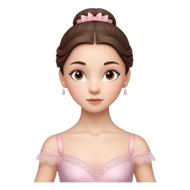 Cinematic Realistic ballerina Portrait, depicted with lifelike skin texture, subtle rosy undertones, and soft natural lighting that enhances the gentle contours of her face. Her intricately detailed sweet brunette hair is elegantly styled, sticker