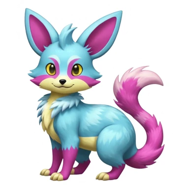 Shiny smooth silky soft Cyan-Yellowish-Magenta Minccino-Zeraora-Emolga-Vernid-Sergal-fusion-hybrid-animal-creature, full body sticker