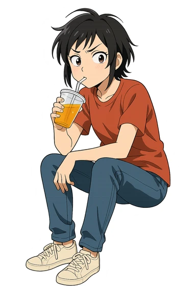 Kitsui Akira sipping a drink, full body, casual pose, expressive face, modern anime style, clean lines, vibrant colors sticker