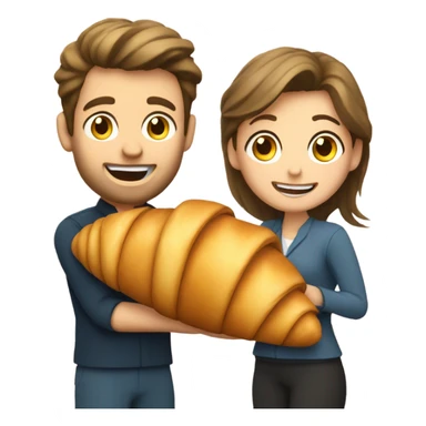 a happy caucassian woman and a man are  holding a croissant sticker