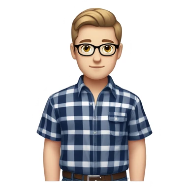 A chubby young white male teenager with facial stubble, thick black glasses, neatly trimmed short brown hair, exuding confidence, clad in a navy blue and white checked plaid short sleeve shirt that is unbuttoned with a white t-shirt underneath. sticker