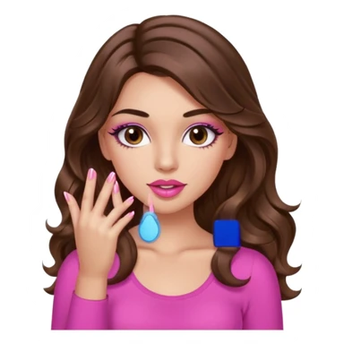 girl with long wavy brown hair, brown eyes, light to medium complexion, in a pink sexy top, pink lips, long lashes, puckered lips, showing my manicure one hand 5 fingers sticker