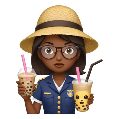 A Angry Teen Female with Dark skin and Bald, oval face, wearing a Uniform outfit, a Sunhat, Sunglasses, carrying a Enchanted staff, working as a teacher, while drinking Bubble tea and reading a Comic.
 sticker