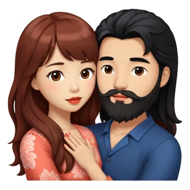 handsome mysterious asian man with long black hair and beard, hugging cute tan skin woman with long wavy reddish brown hair with bangs and coral lipstick sticker