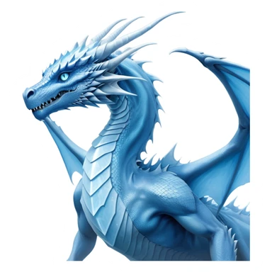 Cinematic Noble wise elegant Ice Dragon Portrait Emoji, Poised and imposing, distinct long elegant snout, with a slender, scaled body shimmering in glacial hues of icy blue, frostbitten silver, and crystalline white, breathing out frost, with piercing, glowing ice blue white eyes that radiate the chilling depths of an arctic storm; rendered in detail. Breathing out a frost mist sticker