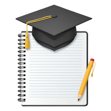 Front-facing school notebook with a small graduation cap on top, minimal line-art, clean modern style, straight angle, simple outlines, slightly 3D, no background, transparent, represents “school / sixth form / Year 13 sticker