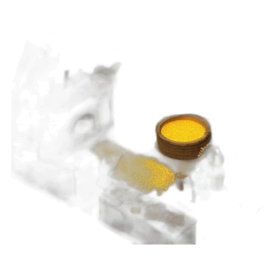 open floor plan of a medieval mint showing different people working, one person on the furnace, some people molding liquid gold into coins sticker