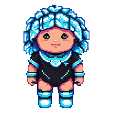 Cabbage Patch Kid as Tron character in 80's pixel art arcade style with vibrant neon colors sticker
