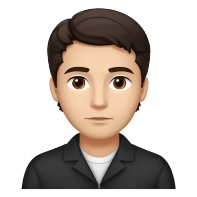 He’s a man with light to medium skin, a defined oval face, full brows, deep-set eyes, and wavy short dark brown hair styled with height, sides are trimmed. expression calm and focused relaxed black open-collar .polished, articulate, and trainer vibe. sticker