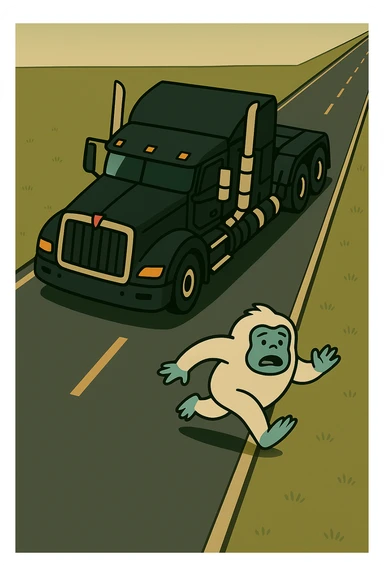 Place the tiny abominable snowman directly on a long road in front of the black 2026 Kenworth W680 flat top semi sleeper, top-down cartoon style, no text, make the road much longer. sticker