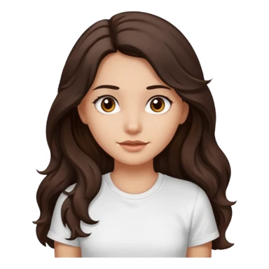 iOS style emoji. A girl with very long dark brown wavy hair. And the eyes color is dark brown. And she is wearing white t shirt  sticker