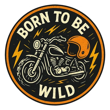 circular motorcycle cap design with transparent background, text 'Born to be wild', motif: lightning, motorcycle, helmet, dynamic style sticker