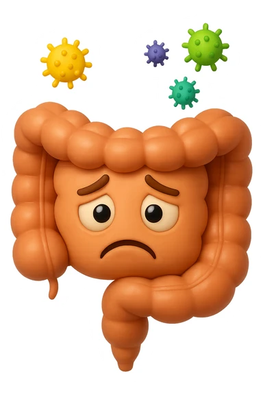 EMOJI STILE IPHONE 3D DI INTESTINO 3D CON ESPRESSIONE TRISTE  IN VOLTO MENTRE SOPRA LUI FLUTTUANO BATTERI, FAGLI ANCHE LA PARTE BIANCA DEGLI OCCHI, NON SOLO LA PUPILLA sticker