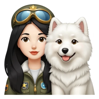 a aviatic girl with long black  hair and a samoyed sticker
