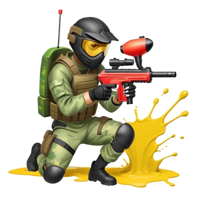 A paintball player in full gear, aiming a paintball gun with focus and determination. The scene includes vibrant splashes of paint and a dynamic battlefield setting, emphasizing action, strategy, and teamwork in a competitive environment sticker