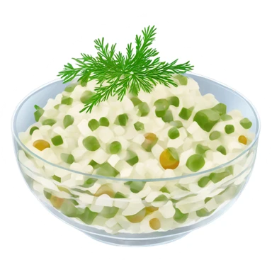 russian salad olivier on a crystal bowl, dill on top of a dish, view from the side  sticker