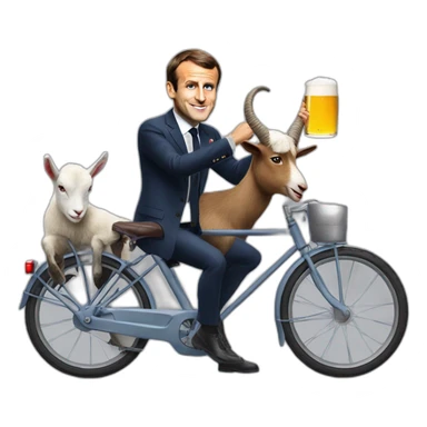 Emmanuel Macron drink a beer on a bike with a goat sticker