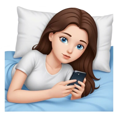 White girl brunett blue eyes, laying In bed on her stomach using her phone sticker