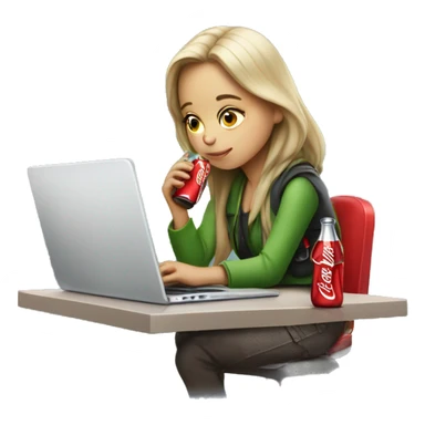 tired girl with laptop drinking coca-cola sticker