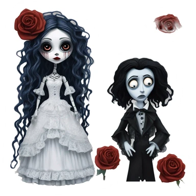 full height, tim burton "corpse bride", porcelain doll with a cracked face, goth makeup watery eyes, long hair, lace and ruffles dress, lolita style, inked, black and white, red roses sticker