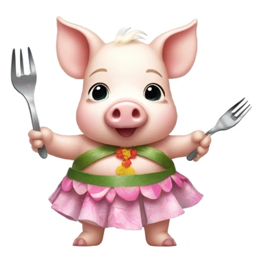 Baby pig wearing a hula skirt holding a fork add a coconut bra and a lay around its neck sticker