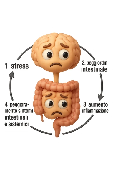 EMOJI STILE IPHONE 3D DI un cerchio con queste scritte che girano intorno in ordine per come li ho scritti "1. stress → 2. peggioramento intestinale → 3. aumento infiammazione → 4. peggioramento sintomi intestinali e sistemici." al centro del cerchio metti un cervello e intestino umani collegati verticalmente con espressione dubbiosa in volto, FALLO MOLTO REALISTICO IN 3D sticker