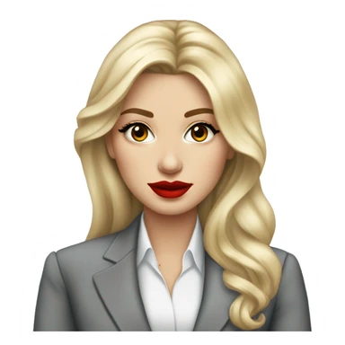Russian Blonde long hair with big red lips small nose and black eyes Tiffany diamond seller in a grey suit sticker