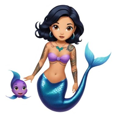body tattoos, tanned, beautiful, woman, doll, black hair, mermaid sticker